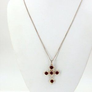 STERLING SILVER Cherry Red Glass Cross Necklace